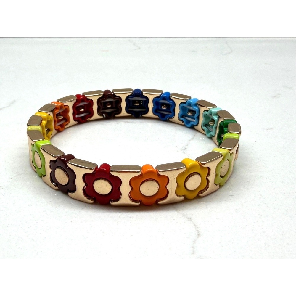 Multicolor Enamel Daisy Flower Gold Tone Stretch Bracelet Retro Floral Kidcore